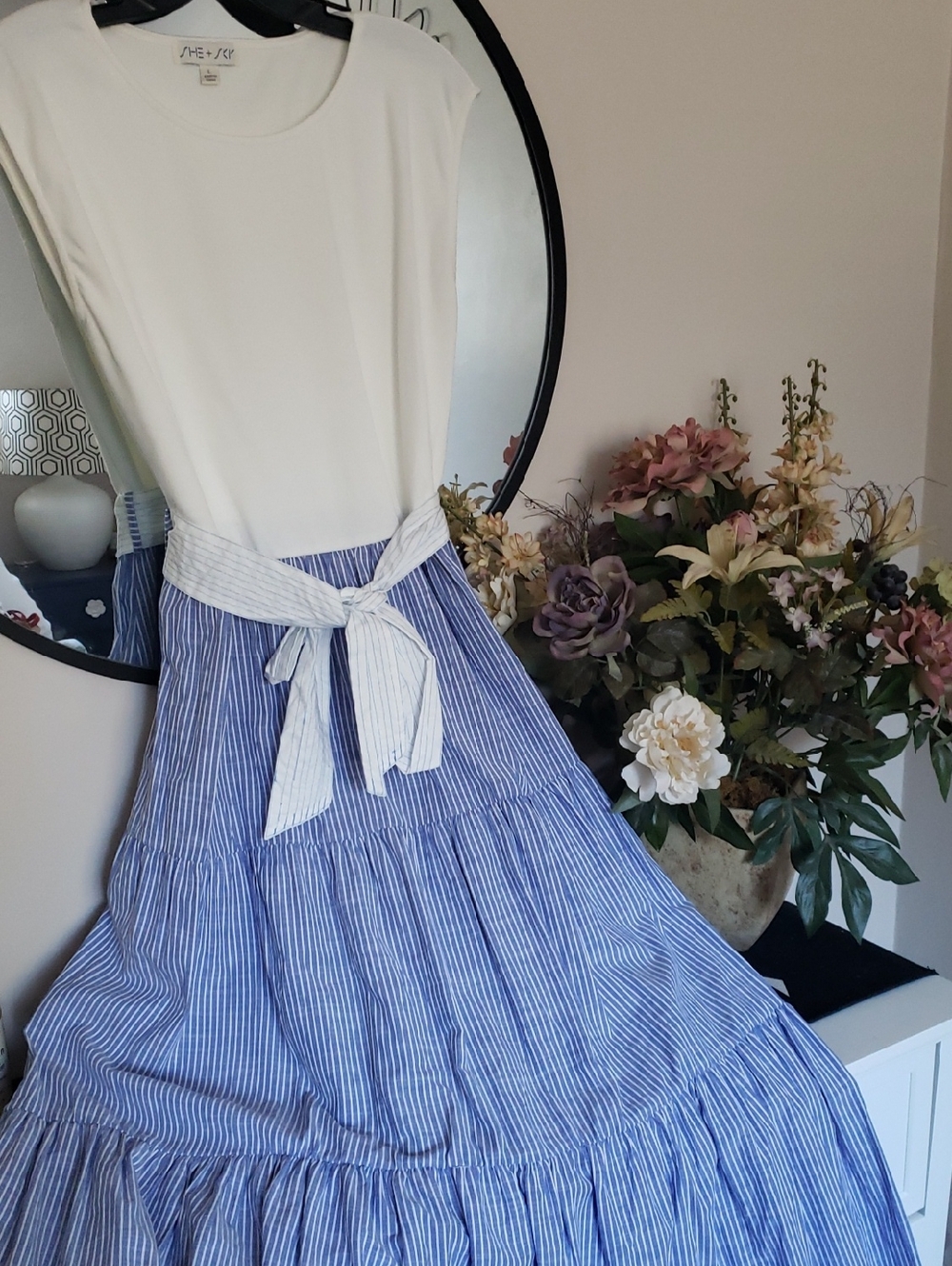 She + Sky Blue and White Striped Tiered Maxi Skirt